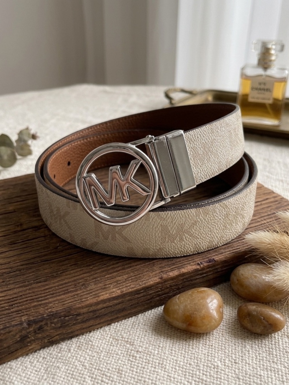 Michael Kors Women’s Reversible Logo Belt Buckle Brown/Beige Size L